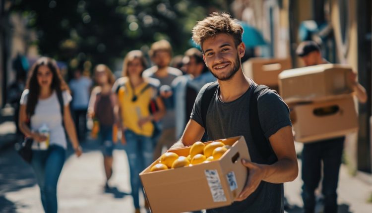 Jovem voluntário segurando caixa de doações